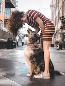 A woman in a striped dress affectionately looks at a sitting dog on a city street.